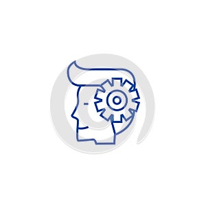 Mind process,man with gears line icon concept. Mind process,man with gears flat vector symbol, sign, outline