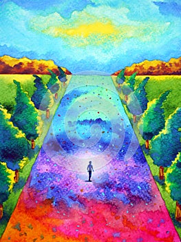 Mind spiritual abstract human walking meditation chakra journey path art watercolor painting illustration design drawing