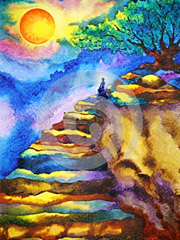 Mind spiritual human meditation on mountain abstract art watercolor painting illustration design drawing