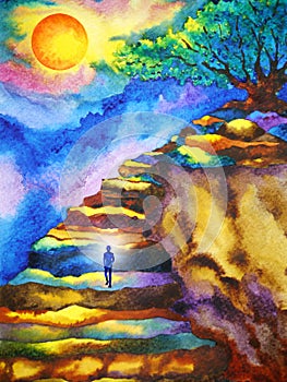 Mind spiritual human meditation on mountain abstract art watercolor painting illustration design drawing