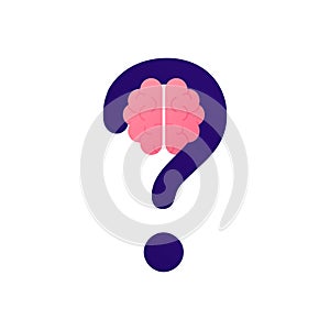 Mind, think, psychology and mental disease concept. Vector flat color icon illustration. Brain silhouette with question mark