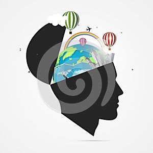 Mind of traveler. Creative concept with open head. Vector