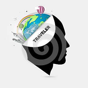 Mind of traveler. Creative concept with open head. Vector