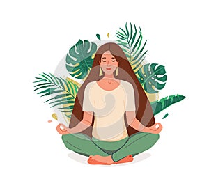 Nevadí vektor ilustrace. mladá žena v jóga póza obklopen podle tropický listy a slunce 