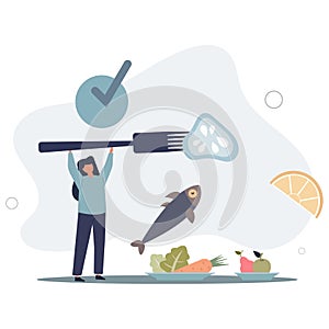 Mindful eating and healthy, balanced food awareness.Think about what you eat and be present to moment.flat vector illustration