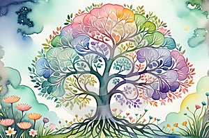 Mindful Growth: Watercolor Illustration of a Tree Resembling the Human Brain, Blossoms Sprouting as Metaphors for Positive