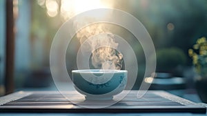 mindful tea ritual, inviting curl of steam from teacup beckons you to take a mindful sip, immerse yourself in the moment photo