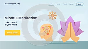 Mindfull meditation take control of your mind landing page modern cartoon flat blue color style isolated background