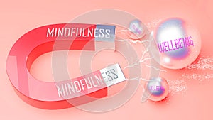 Mindfulness attracts Wellbeing. A magnet metaphor in which power of mindfulness attracts multiple parts of wellbeing. Cause and