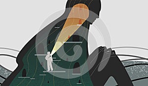 Mindfulness and self analysis flat vector illustration. Woman with flashlight searching spirit depth cartoon character