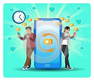 Mindlessly scrolling concept. Friends Using Phones With Big Smart phone Centered