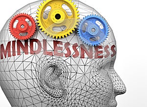 Mindlessness and human mind - pictured as word Mindlessness inside a head to symbolize relation between Mindlessness and the human photo