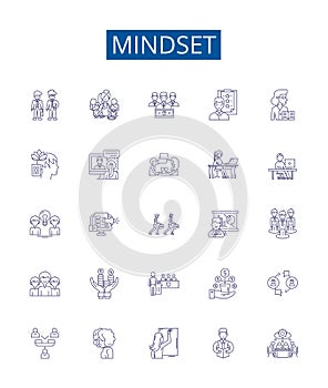 Mindset line icons signs set. Design collection of Attitude, Outlook, Perspective, Psyche, Disposition, Worldview