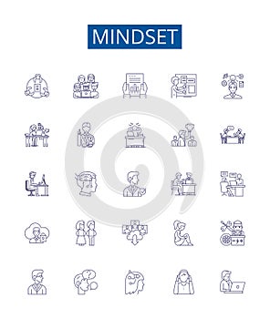 Mindset line icons signs set. Design collection of Attitude, Outlook, Perspective, Psyche, Disposition, Worldview