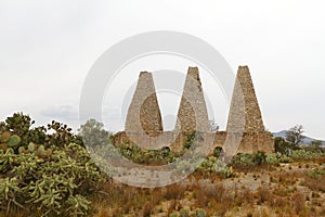 Mine furnaces and chimneys in mineral de pozos near san luis de la paz, guanajuato, mexico