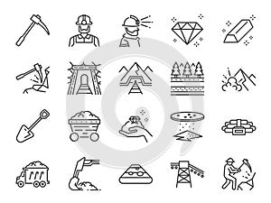 Mine icon set. Included the icons as mining, worker, labor, coal, underground, digging, track, rail and more.