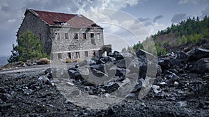 Mine tailings and abandoned building of asbestos mine