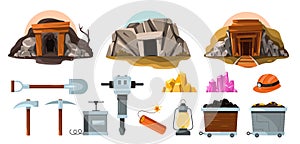 Mine tools. Cartoon miner worker tools, mining cart with drill hammer pickaxe, underground cart with mining equipment