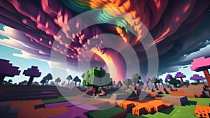 Minecraft inspired colorful tornado. Minecraft game world cube voxel surface landscape. Generative AI