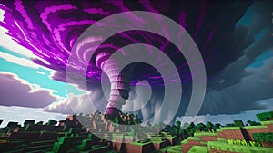 Minecraft inspired colorful tornado. Minecraft game world cube voxel surface landscape. Generative AI