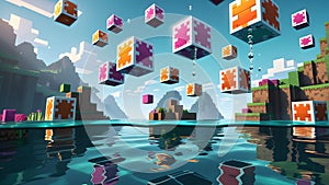 Minecraft themed psychedelic live wallpaper featuring levitating blocks above water. Generative AI.