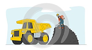 Miner Character Loading Coal with Shovel into Truck. Quarry Transport and Technique, Extraction Industry