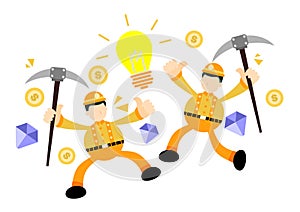 happy miner worker man diamond lamp light bulb cartoon doodle flat design vector illustration
