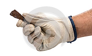 Miner hand with protective glove holding metallic rock, isolated white background. Steelmaking or mining concept