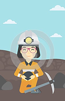 Miner holding coal in hands vector illustration.