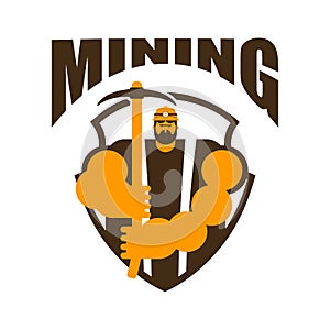 Miner logo. Mining Bitcoin Crypto Currencies. Worker with pickax