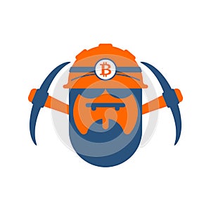 Miner logo. Mining Bitcoin Crypto Currencies. Worker with pickax