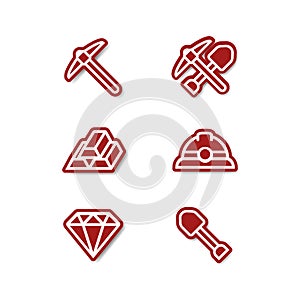 Miner mining outline sticker icon set with gold, pick axe, shovel, helmet, diamond