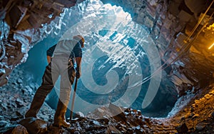 Miner pausing to overlook the expanse of a sprawling mine shaft.