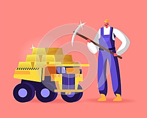 Miner with Pickaxe Stand at Truck Full of Golden Bars. Gold Mining in Quarry with Transport and Technique, Extraction