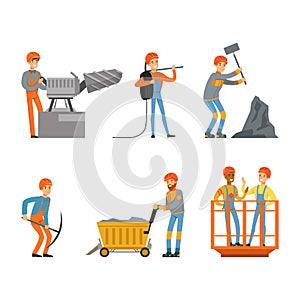 Miner or Pitman in Hard Hat and Uniform Transporting Coal and Working with Pickaxe at Rock Face Vector Set