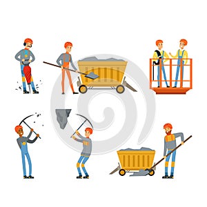 Miner or Pitman in Hard Hat and Uniform Transporting Coal and Working with Pickaxe at Rock Face Vector Set