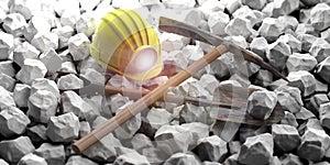 Miner`s equipment on white stones background. 3d illustration
