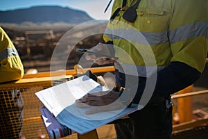 Miner supervisor checking site emergency phone number before sigh of confined space permit prior to performing high risk work photo