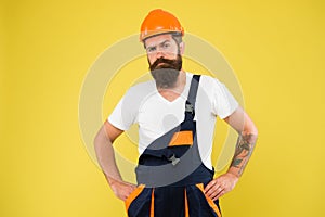 Miner wear helmet for safety. expert in building. brutal male worker with beard. he is just artisan. choose your