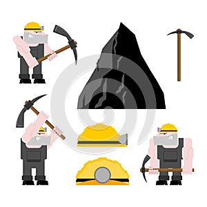 Miner worker mining set. collier with pickaxe. Pitman is at work