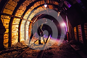 Miner working a jackhammer in a coal mine. Work in a coal mine. Portrait of a miner.