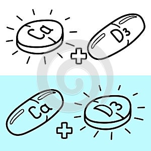 Mineral Ca and vitamin D3 icon in doodle style. Icon capsule of Calcium, Cholecalciferol. Thin line icon for website or