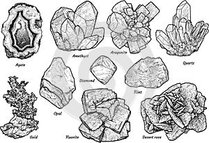 Mineral collection illustration, drawing, engraving, ink, line art, vector