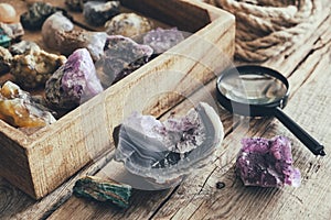 Mineral collection. Set from mineral stones: turquoise, morion, smoky quartz, rhinestone, chalcedony, amethyst, agate, onyx .