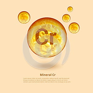 Mineral Cr. Chromium. Mineral Vitamin complex. Golden balls. Health concept. Cr Chromium