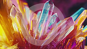 Mineral crystal structures viewed through polarized light creating abstract patterns in unexpected neon colors