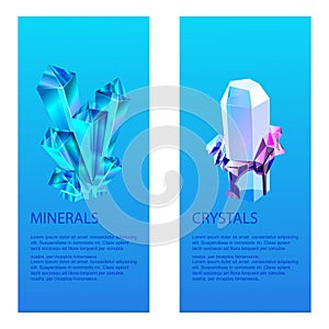 Mineral crystalic precious stones vector illustration. Transparent glass crystals isolated on blue background. Bright
