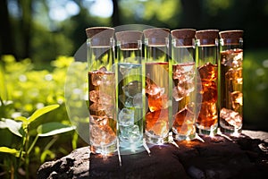 mineral crystals in laboratory flasks filled with liquid and corked.