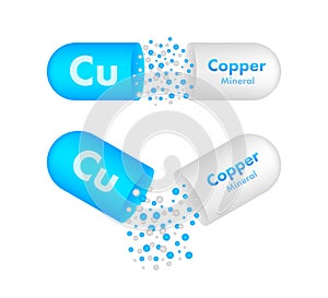 Mineral Cu Copper blue shining pill capsule icon. Substance For Beauty. Copper Mineral Complex.