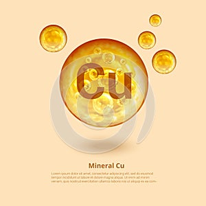 Mineral Cu. Copper. Mineral Vitamin complex. Golden balls. Health concept. Cu Copper